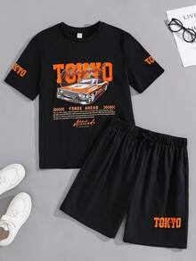 SHEIN 两件套休闲街头风宽松字母印花套头T恤和纯色短裤，舒适百搭的针织套装，适合青少年日常穿着、上学、郊游、户外活动、音乐节、假期、海滩度假和夏季穿着。