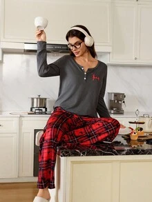 Lazeform Christmas Reindeer Plaid V-Neck Long Sleeve Top & Pants Women Casual Pajama Set, Fall Winter Clothes - Multicolor - View 5