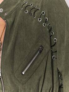 MUSERA Button Funnel Neck Detail Rib Cinched Waist Fitted Jacket Autumn Winter Fall Going Out Everyday Night Out Casual Cool Streetwear Washed - Olive Green - View 6