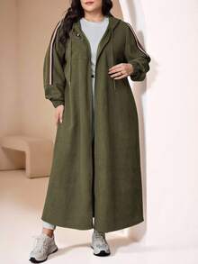 Modelyn 大码拼色条纹印花连帽休闲长袖夹克 - 軍綠色 - 查看 1