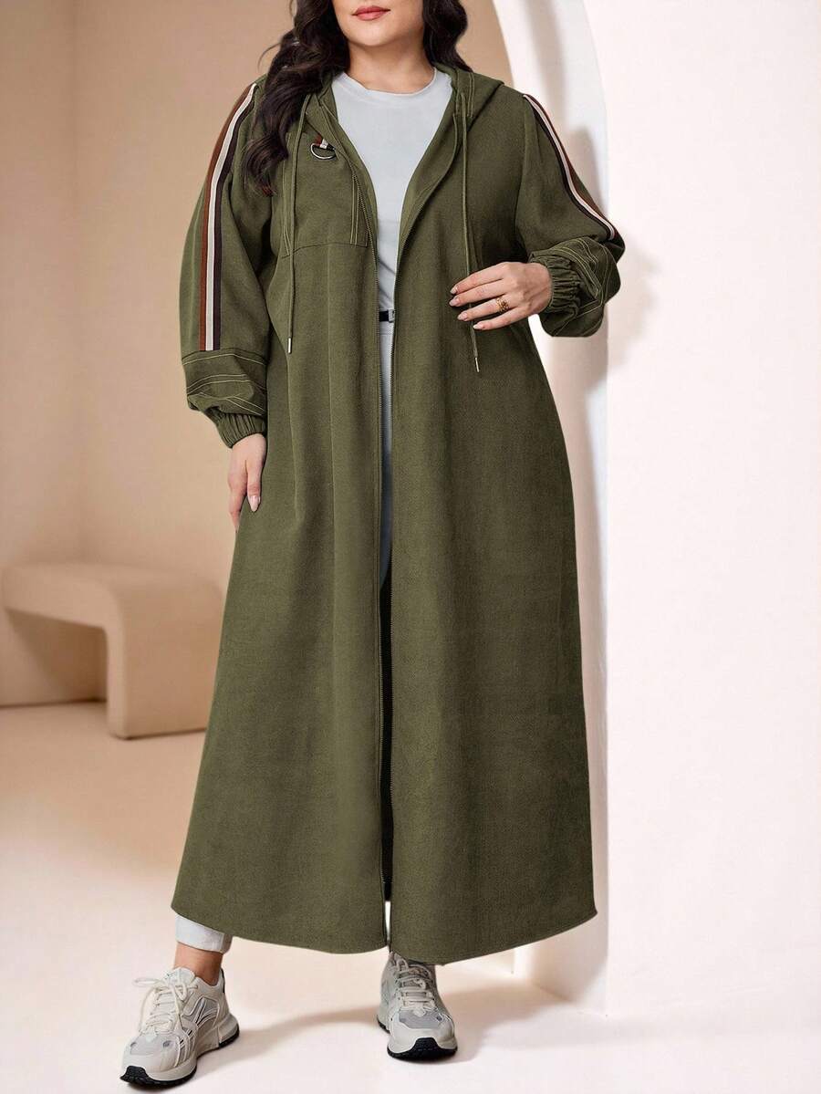 Modelyn 大码拼色条纹印花连帽休闲长袖夹克 - 軍綠色 - 查看 1