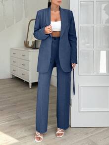 EURMUSE Grey Long Jacket And Straight Pant Two Pieces - Navy Blue - View 5