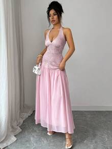Selianne Hot Pink Summer Elegant Wedding Ninang Jacquard Patchwork Chiffon Halter Waist Flared Dress,Women's Birthday Dinner Satin Formal Dresses - Pink - View 4