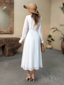 EURMUSE Wrap Neckline Long Sleeve Midi Dress - White - View 2