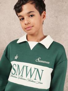 SUMWON Boys Color Block Polo Collar Sweatshirt With Chest Print Logo Casual Long Sleeve Pullover Top Fall Winter Fashion Vacation - Dark Green - View 5