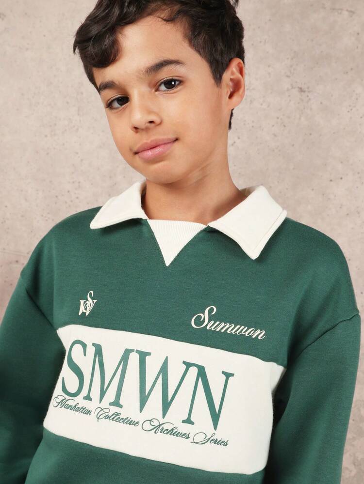Color Block Polo Collar Sweatshirt With Logo