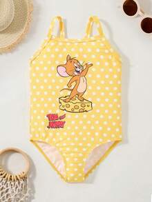 TOM & JERRY X SHEIN Young Girl Cute Polka Dot Cartoon Graphic One-Piece Swimsuit - Yellow - View 1