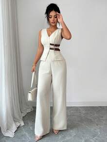 SHEIN Elenzya 女士优雅无袖皮带扣装饰西装背心和裤子套装，商务通勤风格，适合春夏穿着，教师装、办公室服装、返校季、约会、度假、通勤，优雅复古春季套装 - 灰色 - 查看 5