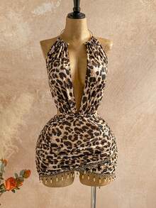 Soleia Vestido mini ajustado con escote pronunciado, decoración con cuentas y patrón vintage de malla, adecuado para fiesta de vacaciones, Navidad, cita, discoteca, estilo bohemio, vacaciones, otoño - Café integral - Ver 7