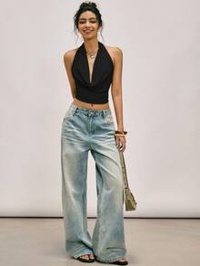 Easelle Black Knit Backless Halter Neck Camisole For Women, Suitable For Music Festivals, Spring/Summer Backless Shirts Backless Tops Open Back Tops Halter Neck Top - Black - View 9