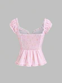 Sweetra 女士条纹花卉荷叶领单排扣衬衫 - 粉色 - 查看 2