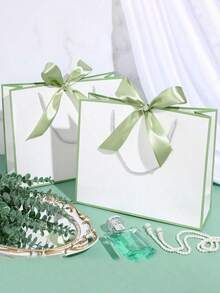 1/5pcs-Landscape-Style Kraft Paper Gift Bags, Shopping Bags, Packaging Bags With Handles, Bow-Decorated Handbags, Trick Or Treat, Halloween, White Large-Capacity Paper Bags, Halloween, Thanksgiving, Christmas, New Year, Wedding, Birthday Gift Packaging Bags - Light green - View 5