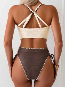 Swim Lushoire 2件套女士罗纹性感交叉吊带比基尼文胸，夏季沙滩泳装 - 彩色 - 查看 3