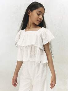 SUMWON Eyelet Anglaise Ruffle Frill Top And Wide Leg Pants Two Piece Co Ord Set Summer Vacation Beach Holiday Outfit Festive Occasionwear