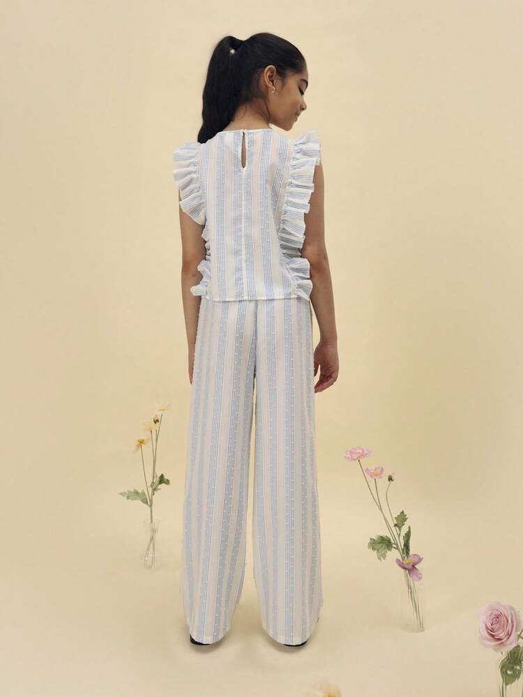 Striped Ruffle Blouse And Wide Leg Pant Set