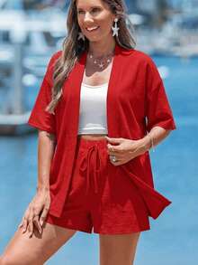 Sylviya 女士休闲纯色短裤套装 女士夏季套装 夏季服装 沙滩装 女士沙滩套装 度假装 女士夏季假日装 红色套装，度假 - 紅色 - 查看 6
