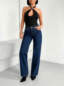 SHEIN Low Waisr Straight Leg Washed Blue Denim Woman Jean - Medium Wash - View 4