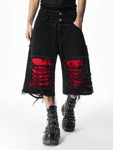 ROMWE MEN Street Life Men's Pocket Design Distressed Frayed Hem Fashionable Casual Denim Shorts - Black - View 1