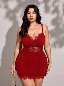 Viva Relle Plus Size Women's Spring/Summer Lace Sexy Hollow Out Bandage Front Avant-Garde French Casual Young Chic Fashion Elastic Knit Versatile Comfortable Undershirt Dress, Red, Sexy, Formal, Party, Young, Elegant, Sexy Top, Sexy Jumpsuit, Sexy Bra, Slim Fit, Transparent, Off Shoulder, Solid Color - Burgundy - View 4