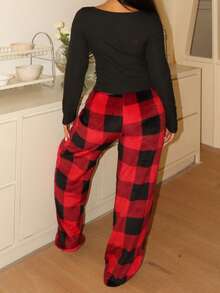 Lowkey Lull 低调慵懒格子法兰绒舒适休闲柔软时尚秋季轻松舒适秋季睡衣 INS 休闲 Y2K 长袖上衣和裤子女士睡衣套装 - 彩色 - 查看 3