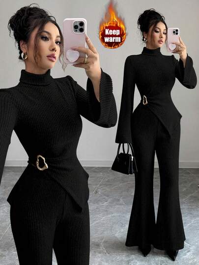 Elenzga New Women High Neck Ribbed Knit Fleeced Asymmetrical Metal Decor Flare Sleeve Top And Flare Pants Two Pieces Set, Versatile For Daily Wear, Elegant & Youthful, Autumn/Winter