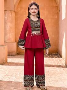 SHEIN Tween Girl Burgundy Autumn Wedding Guest Striped Patchwork Ruffle Trim Round Neck Long Sleeve Top And Straight Leg Pants Set,Children's Jalabiya Abaya - Red - View 12