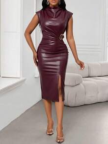 SHEIN Lady 女士纯色PU皮革侧扣设计侧开衩修身中长连衣裙 - 酒紅色 - 查看 7