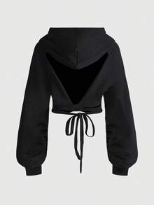 ROMWE Grunge Punk Y2K 性感宝贝闪电英文印花露背短款女式卫衣 - 黑色 - 查看 2