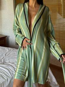 DAZY Women's Striped Contrast Trim Shawl Neck Robe - Green - View 5