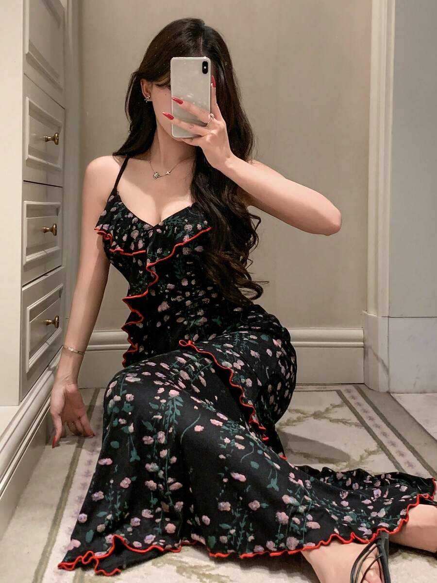 DAZY 碎花荷叶边无袖修身女士睡裙 - 黑色 - 查看 1