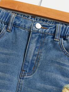 Quần short denim dáng rộng phong cách Y2K tối giản dành cho bé trai, cạp chun co giãn, chi tiết rách rưới, thích hợp cho các hoạt động thường ngày, du lịch, tụ họp. - Rửa tối - Xem 4