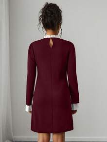 Momance Pregnant Women's Stand Collar Ruffle Patchwork Single-Breasted Casual Daily Party Long Sleeve Dress - Burgundy - View 2