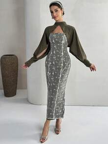 Yasmyna Women's Solid Mandarin Collar Batwing Sleeve Cropped Shirt And Floral Embroidered Mesh Arabic Maxi Dress Elegant Set - Green - View 6