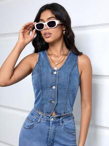 Chaleco de mezclilla con botones frontales para mujer, casual de verano - Azul lavado medio - Ver 6
