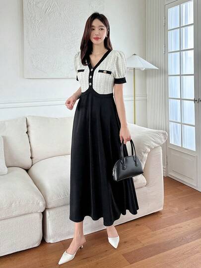 DAZY 女士撞色拼接短袖前扣长款休闲连衣裙
