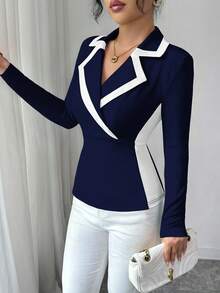 Elenzga 女士优雅修身针织拼接撞色翻领上衣/T恤，适合秋季、万圣节、圣诞节穿着。 - 藏蓝色 - 查看 7