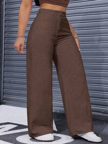 SHEIN ICON Denim Lavados de Cintura Alta e Perna Larga Casual Plus Size - Café - Visão 3