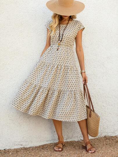 EMERY ROSE Women's Casual Floral Print Ruffle Hem Dress, Summer Casual Dresses For Women Boho  Vacation Dresses  Vacation Outfits For Women Holiday Outfits   Floral Dress