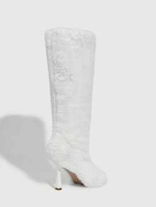 CUCCOO SZL 女士时尚毛绒露趾高跟过膝长靴 情人节 - 白色 - 查看 4