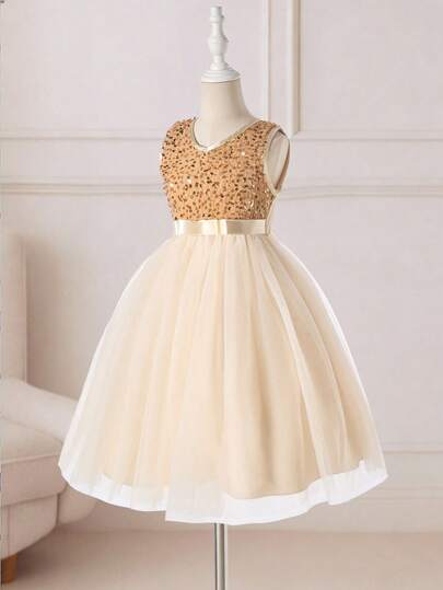 Glamorique Kids Young Girl' Elegant Charming Sequin Mesh Sleeveless Puff Dress, Formal Occasion Outfit