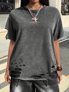 SHEIN EZwear 大码女式休闲黑色短袖酸洗夏季T恤