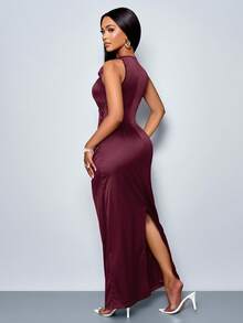 Vestido de fiesta elegante de mujer con cuello drapeado y mangas sin mangas fruncido de unicolor, perfecto para banquetes - Rosa Roja - Ver 2