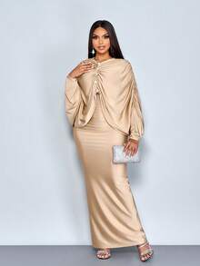 SOLERSUN Women's Autumn/Winter Solid Color Elegant And Romantic New Elegant Mature Charm Evening Gown, Dignified & Gentle,Button Decor Long Sleeve Graceful Mermaid Hem Bodycon Maxi Dress Fall Winter Cloth For Women Elegant Wear Party Wedding Vintage New Years - Khaki - View 4