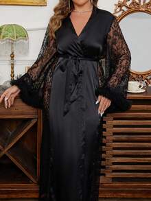 Slumberist Plus Size Faux Silk & Contrast Lace Bell Sleeve Bathrobe, Fall, Winter - Black - View 5