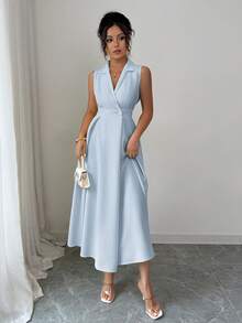 Elenzga Gaun Panjang Tanpa Lengan dengan Kerah dan Kancing Depan yang Elegan dan Kasual untuk Wanita - Baby Blue - View 6