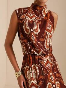 SHEIN Veneréa Vintage Cashew Print Asymmetric Hem A-Line Dress For Women, Vacation - Burgundy - View 4