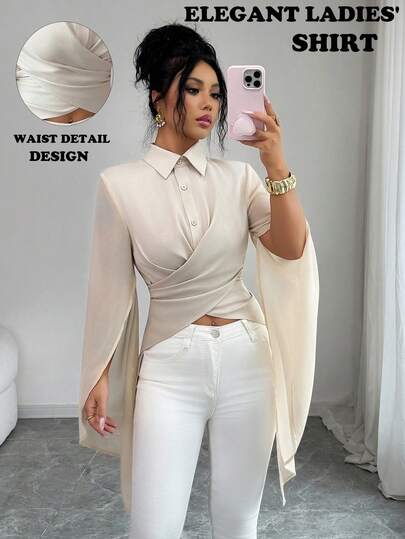 Elenzga 优雅女士杏色雪纺拼接时尚衬衫，交叉领口和不对称下摆设计，适合早春约会、派对和日常工作穿着。