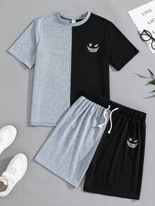 SHEIN 两件套青少年男童休闲印花T恤短裤套装，轻薄圆领短袖T恤和短裤，舒适百搭，适合日常穿着、上学、郊游、户外活动、音乐节、假期、海滩度假、夏季等场合。 - 彩色 - 查看 5