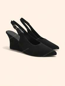 CUCCOO BASICS Sepatu Wanita Modis Warna Hitam, Nyaman, Terbuat dari Kain, Model Slingback dengan Hak Wedges dan Ujung Lancip, Cocok untuk Bepergian, Kencan, Pesta, Liburan, dan Acara Lainnya, Termasuk Hari Valentine. - Hitam - View 3