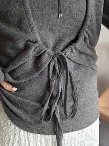 FRIFUL 女士纯色长袖系带开衫和吊带背心休闲两件套家居服套装 - 灰色 - 查看 1